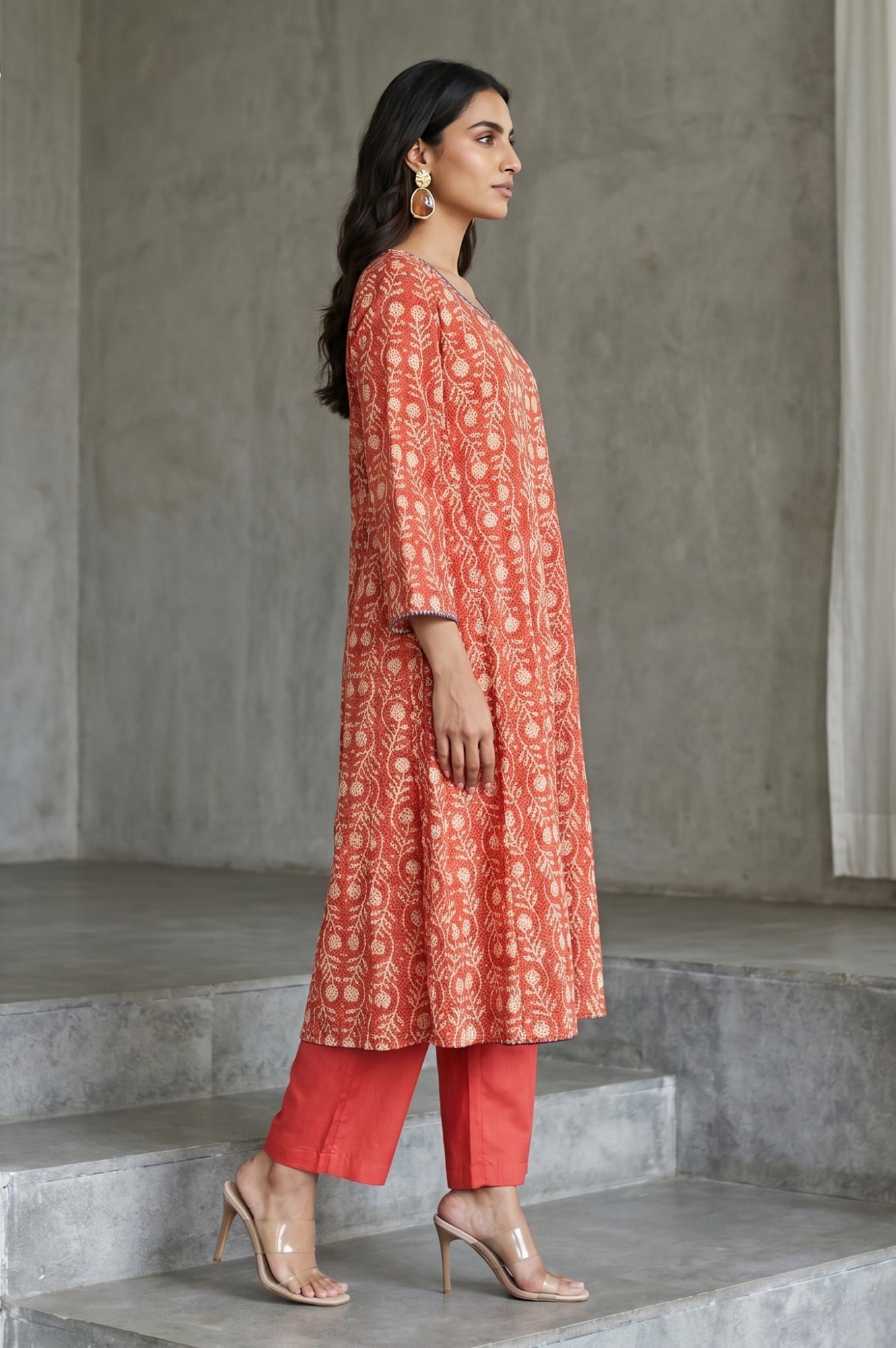 Rust Floral Printed Embroidered Pure Cotton A-line Kurta