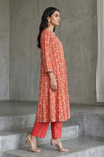 Rust Floral Printed Embroidered Pure Cotton A-line Kurta