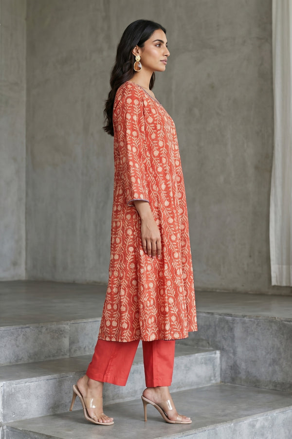 Rust Floral Printed Embroidered Pure Cotton A-line Kurta