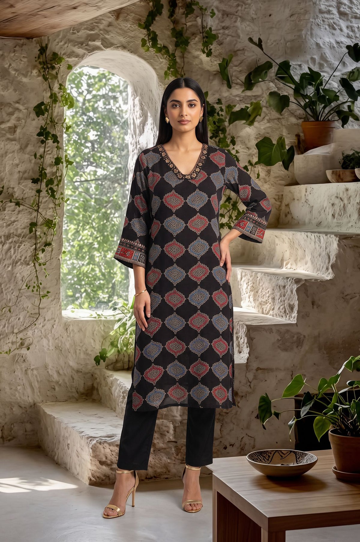 Black Geometric Printed Mirror Work Modal Satin Straight Kurta