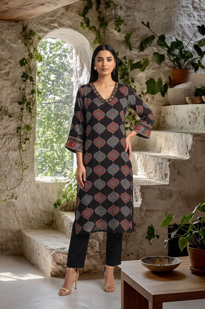 Black Geometric Printed Mirror Work Modal Satin Straight Kurta