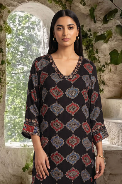 Black Geometric Printed Mirror Work Modal Satin Straight Kurta