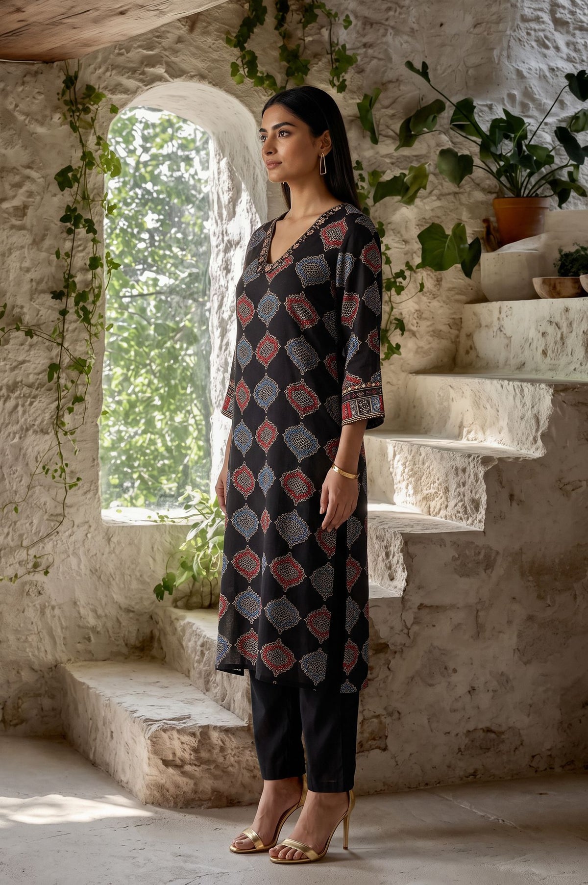 Black Geometric Printed Mirror Work Modal Satin Straight Kurta