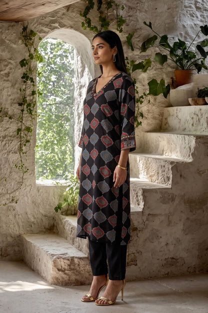 Black Geometric Printed Mirror Work Modal Satin Straight Kurta