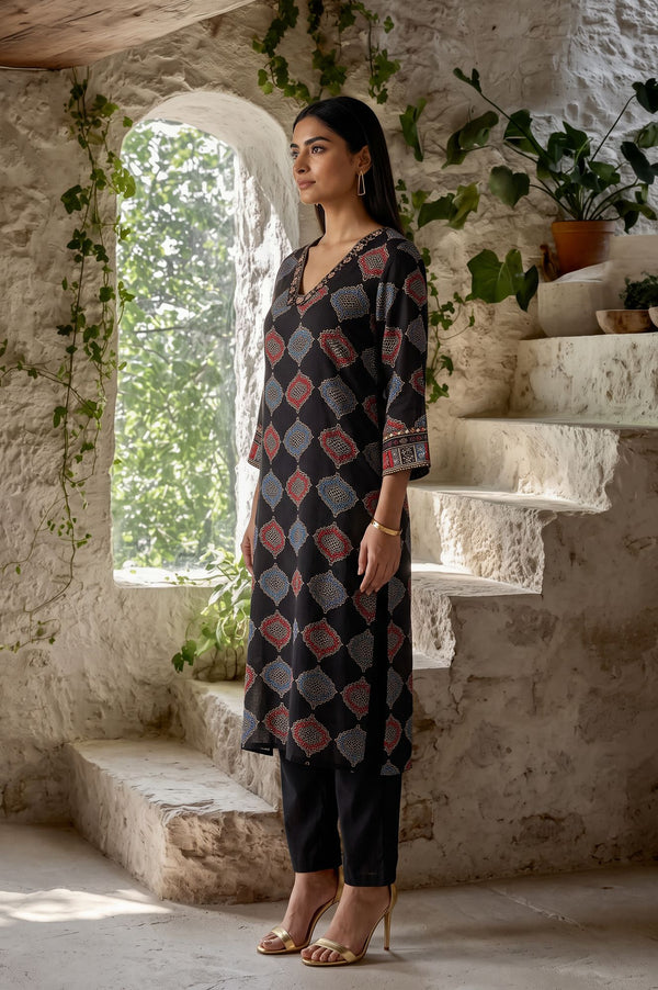 Black Geometric Printed Mirror Work Modal Satin Straight Kurta