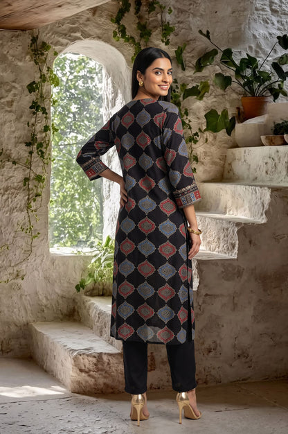 Black Geometric Printed Mirror Work Modal Satin Straight Kurta
