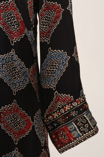 Black Geometric Printed Mirror Work Modal Satin Straight Kurta
