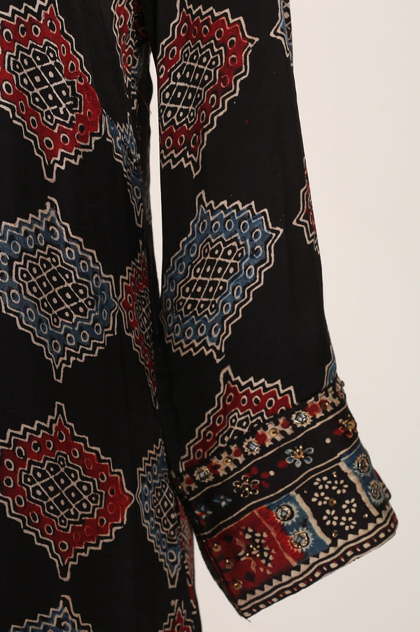 Black Geometric Printed Mirror Work Modal Satin Straight Kurta