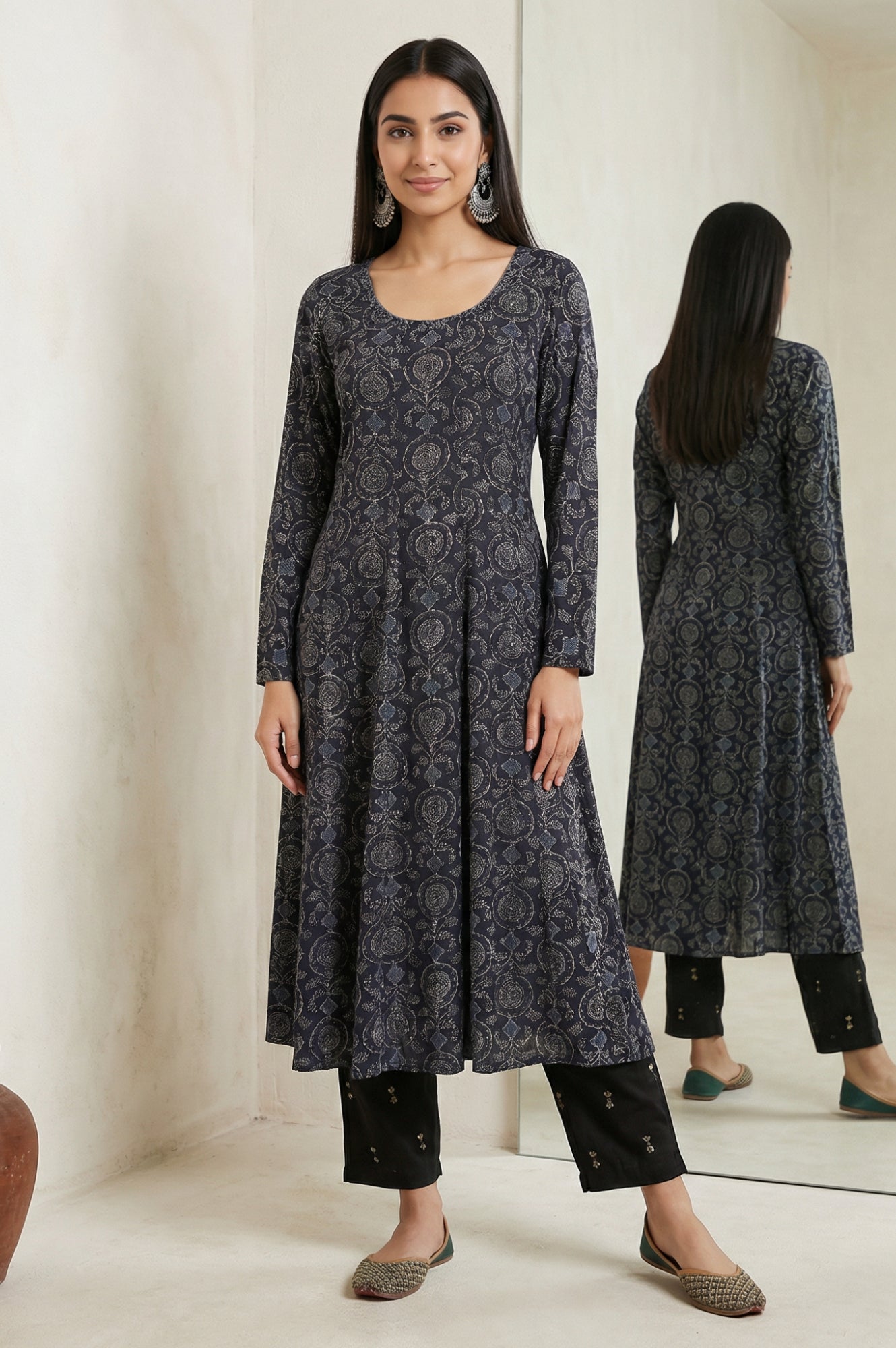 Black Embroidered Modal Satin A-line Kurta