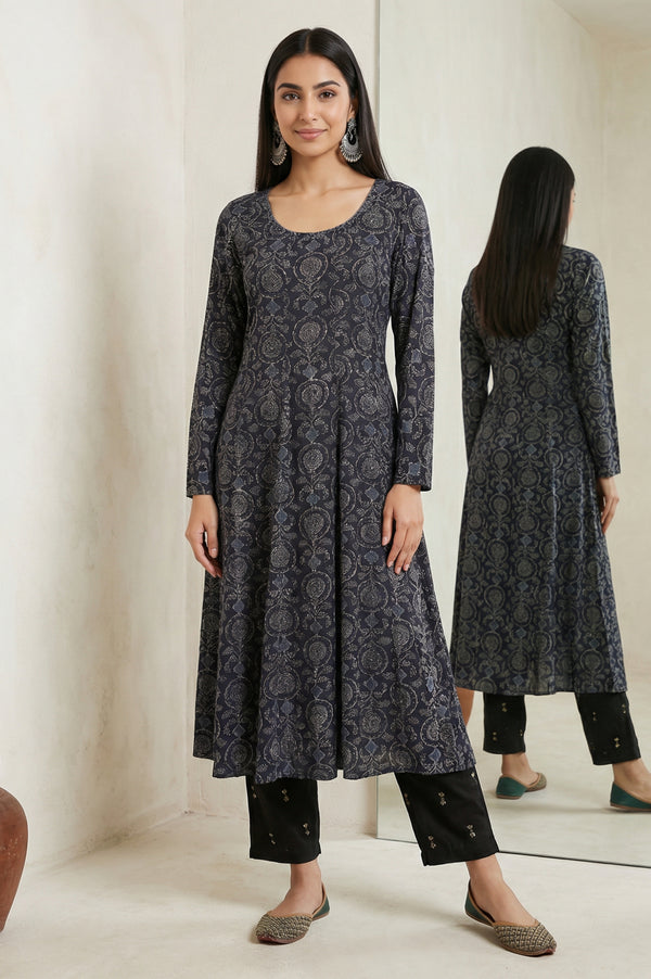 Black Embroidered Modal Satin A-line Kurta