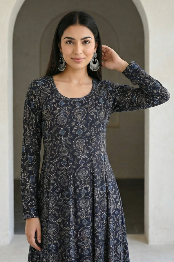 Black Embroidered Modal Satin A-line Kurta