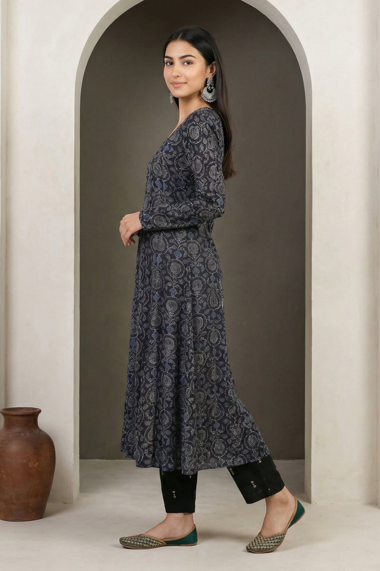 Black Embroidered Modal Satin A-line Kurta