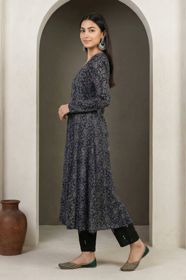 Black Embroidered Modal Satin A-line Kurta