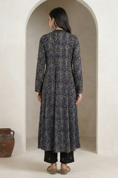 Black Embroidered Modal Satin A-line Kurta