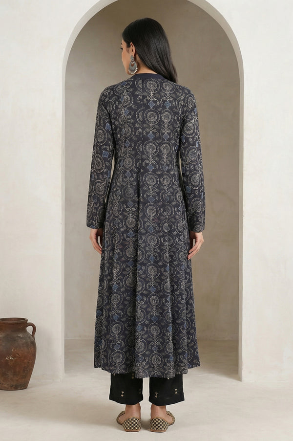 Black Embroidered Modal Satin A-line Kurta