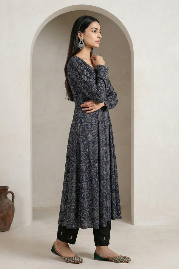 Black Embroidered Modal Satin A-line Kurta