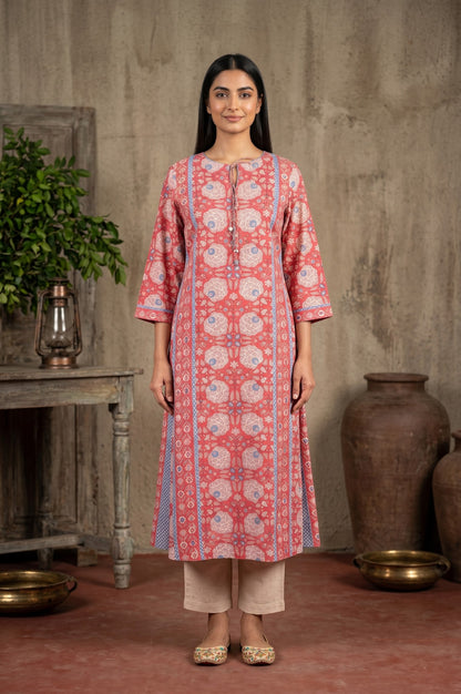 Coral Block Printed Pure Cotton A-line Kurta
