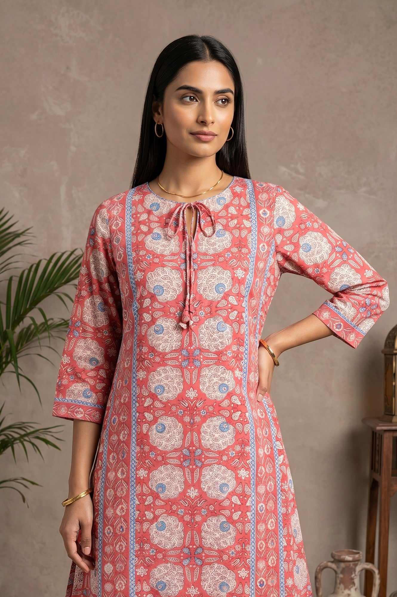 Coral Block Printed Pure Cotton A-line Kurta