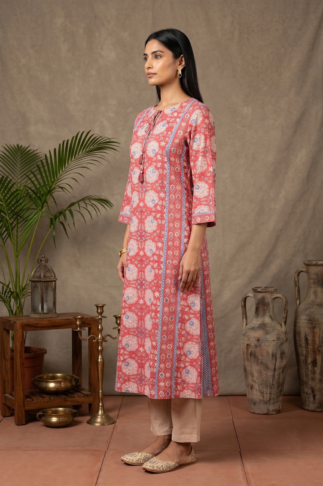 Coral Block Printed Pure Cotton A-line Kurta
