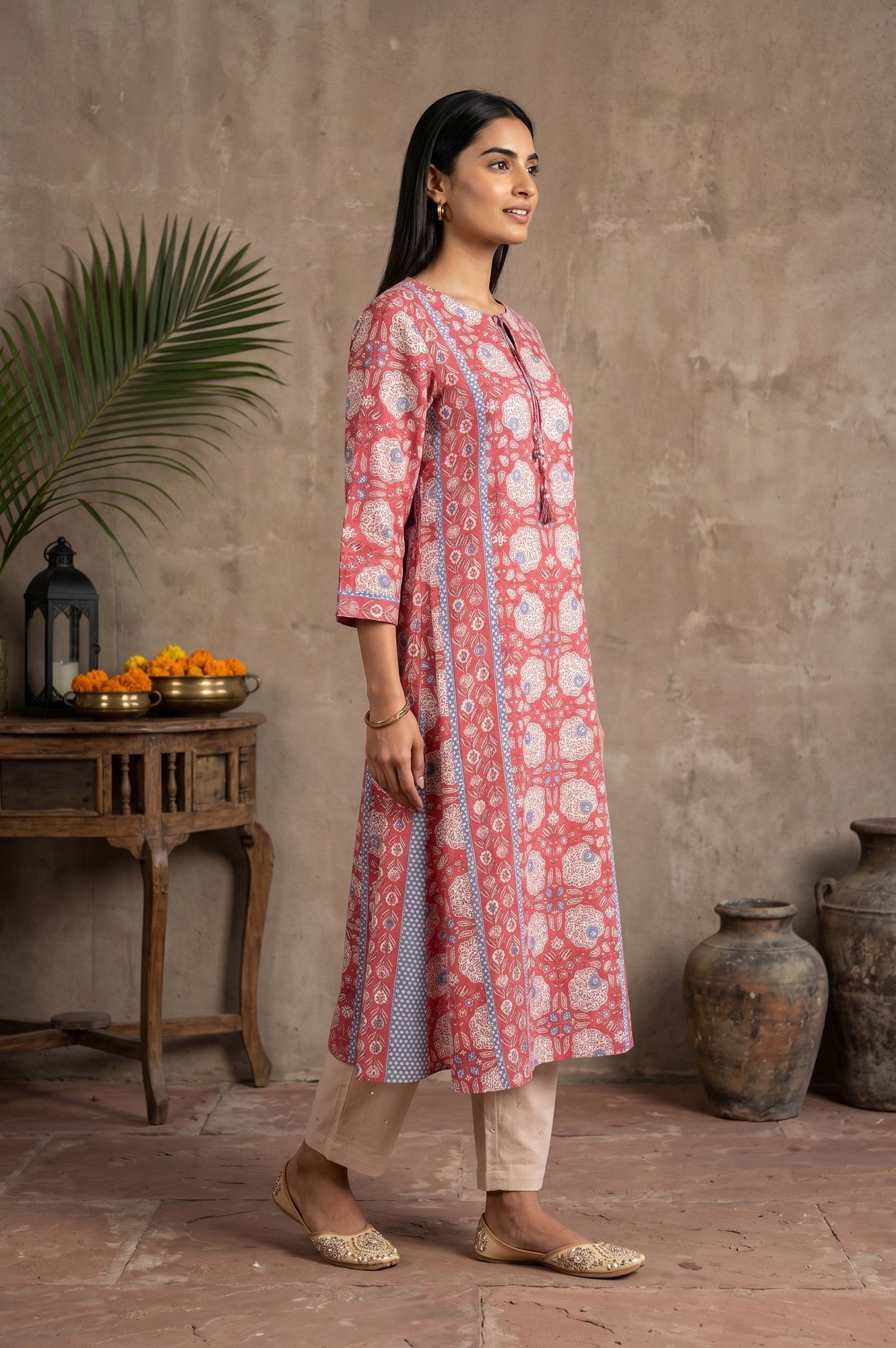 Coral Block Printed Pure Cotton A-line Kurta