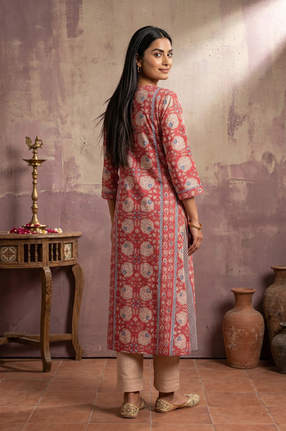 Coral Block Printed Pure Cotton A-line Kurta