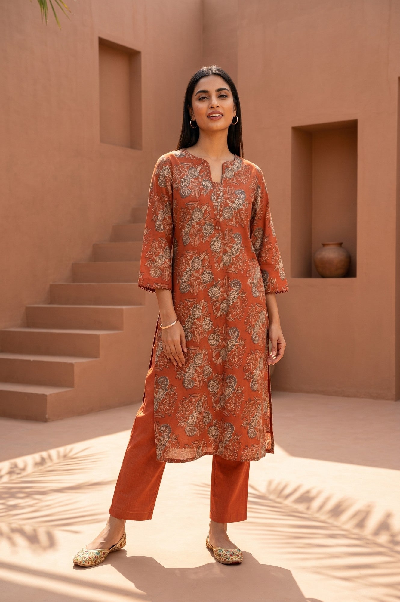 Rust Block Printed Pure Cotton Straight Kurta