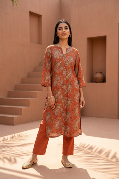 Rust Block Printed Pure Cotton Straight Kurta