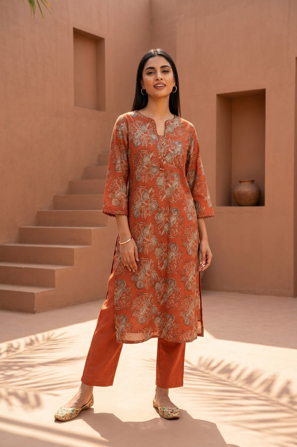 Rust Block Printed Pure Cotton Straight Kurta