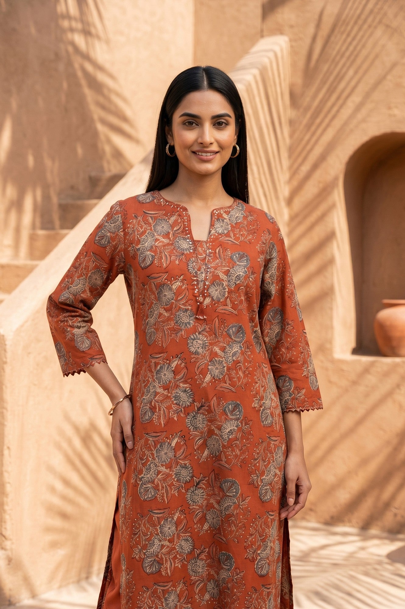 Rust Block Printed Pure Cotton Straight Kurta