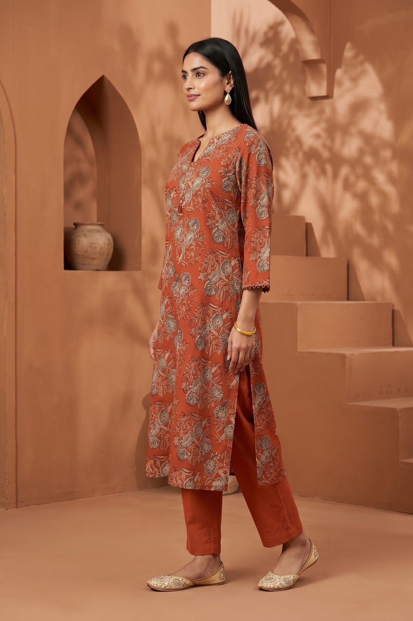 Rust Block Printed Pure Cotton Straight Kurta