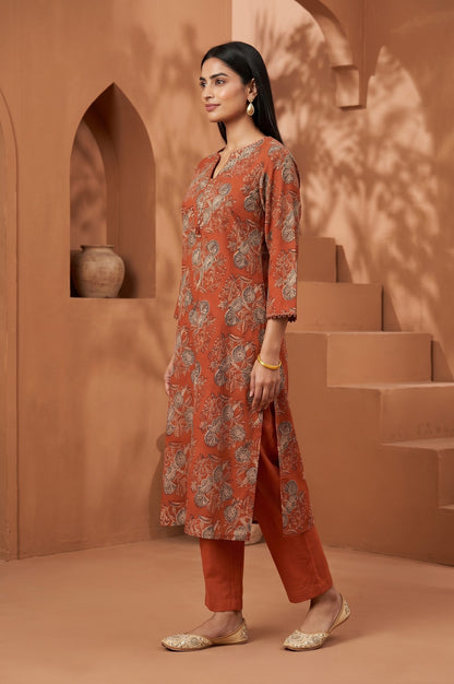 Rust Block Printed Pure Cotton Straight Kurta