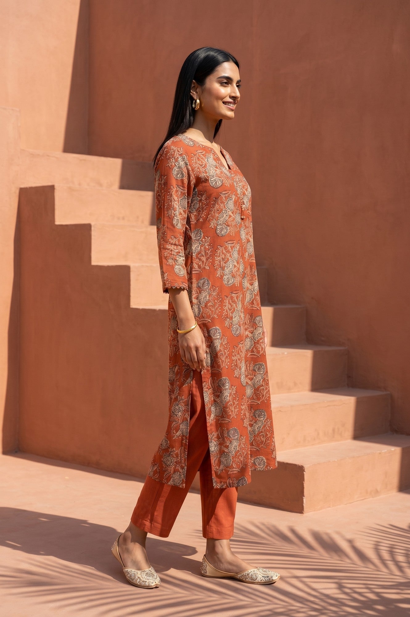 Rust Block Printed Pure Cotton Straight Kurta