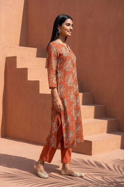 Rust Block Printed Pure Cotton Straight Kurta