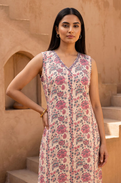 Off White Block Printed Sleeveless Pure Cotton Straight Kurta