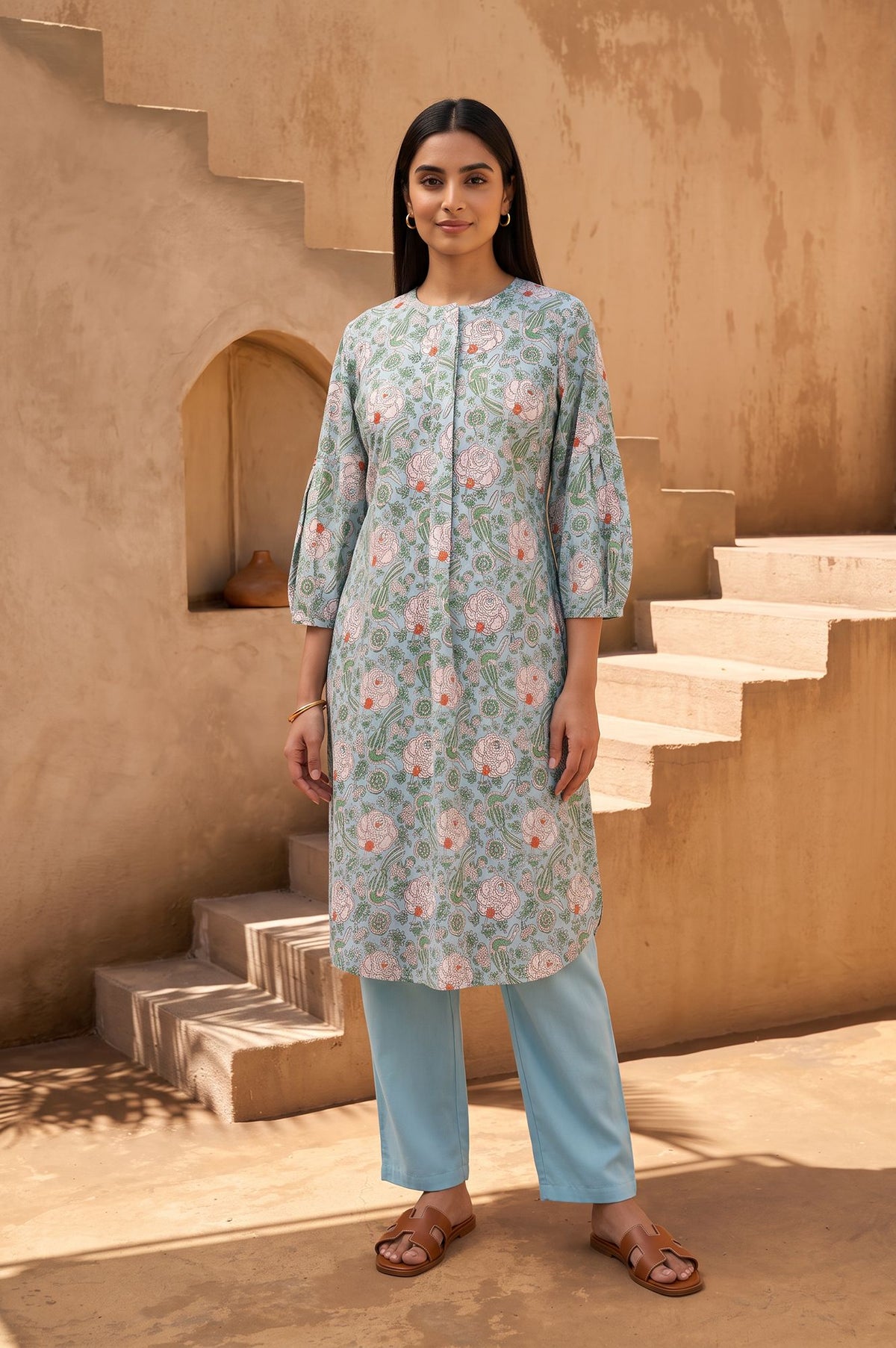 Blue Block Printed Pure Cotton Straight Kurta