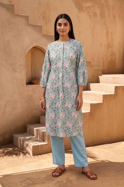 Blue Block Printed Pure Cotton Straight Kurta