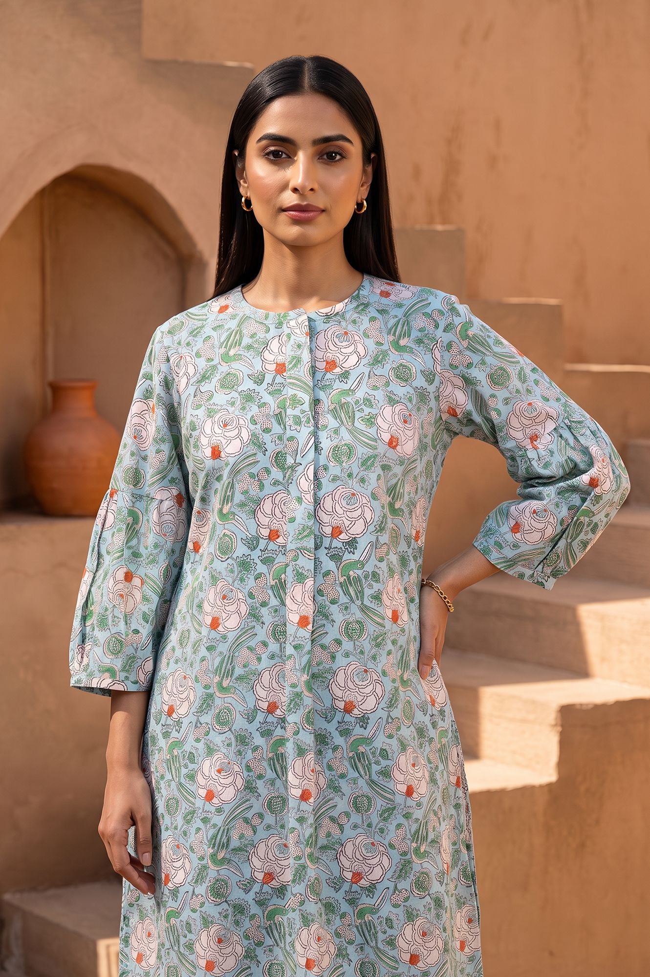 Blue Block Printed Pure Cotton Straight Kurta