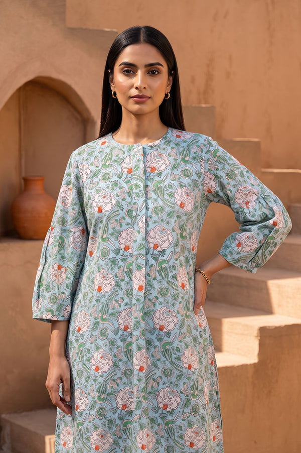Blue Block Printed Pure Cotton Straight Kurta