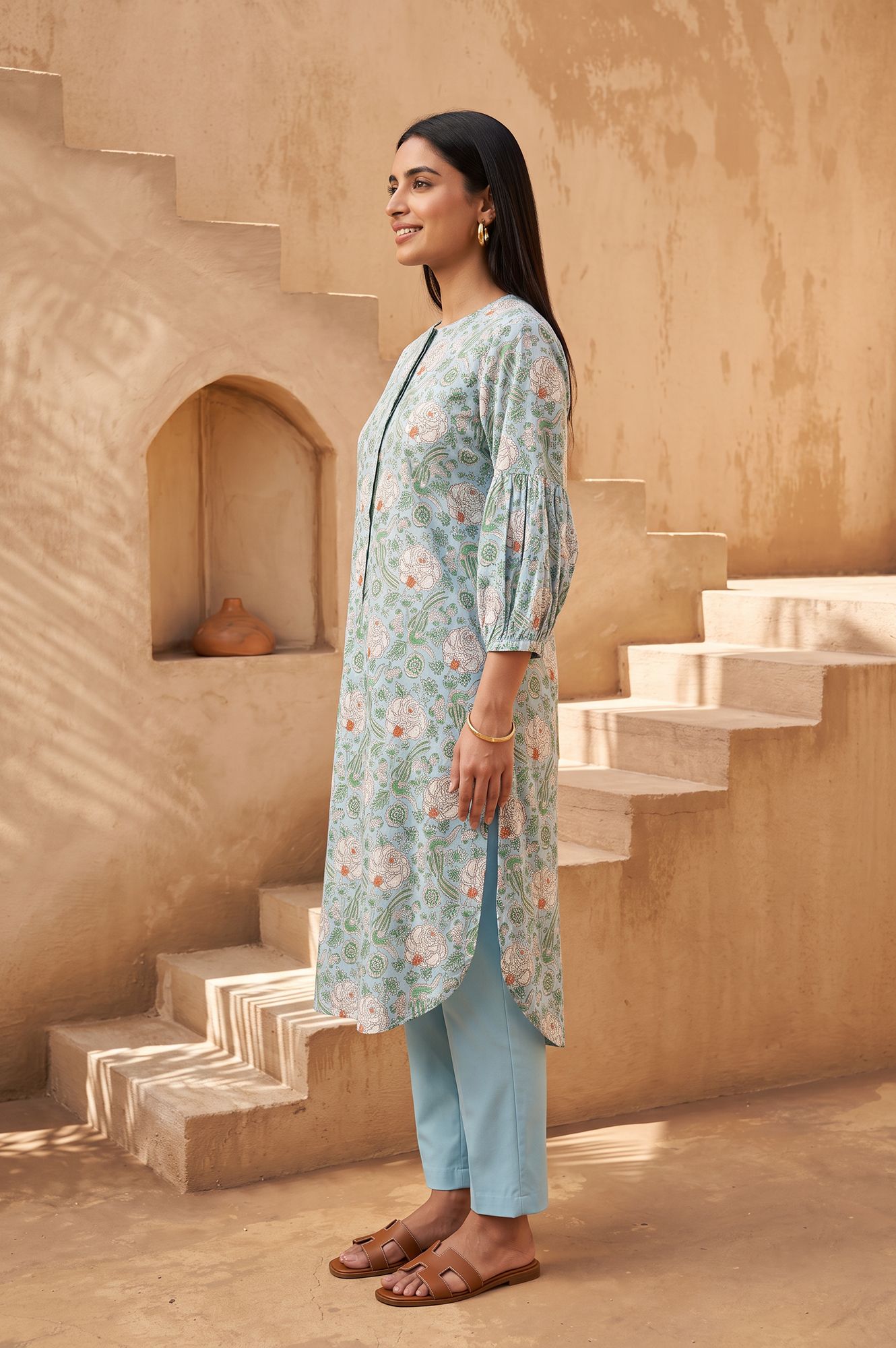 Blue Block Printed Pure Cotton Straight Kurta