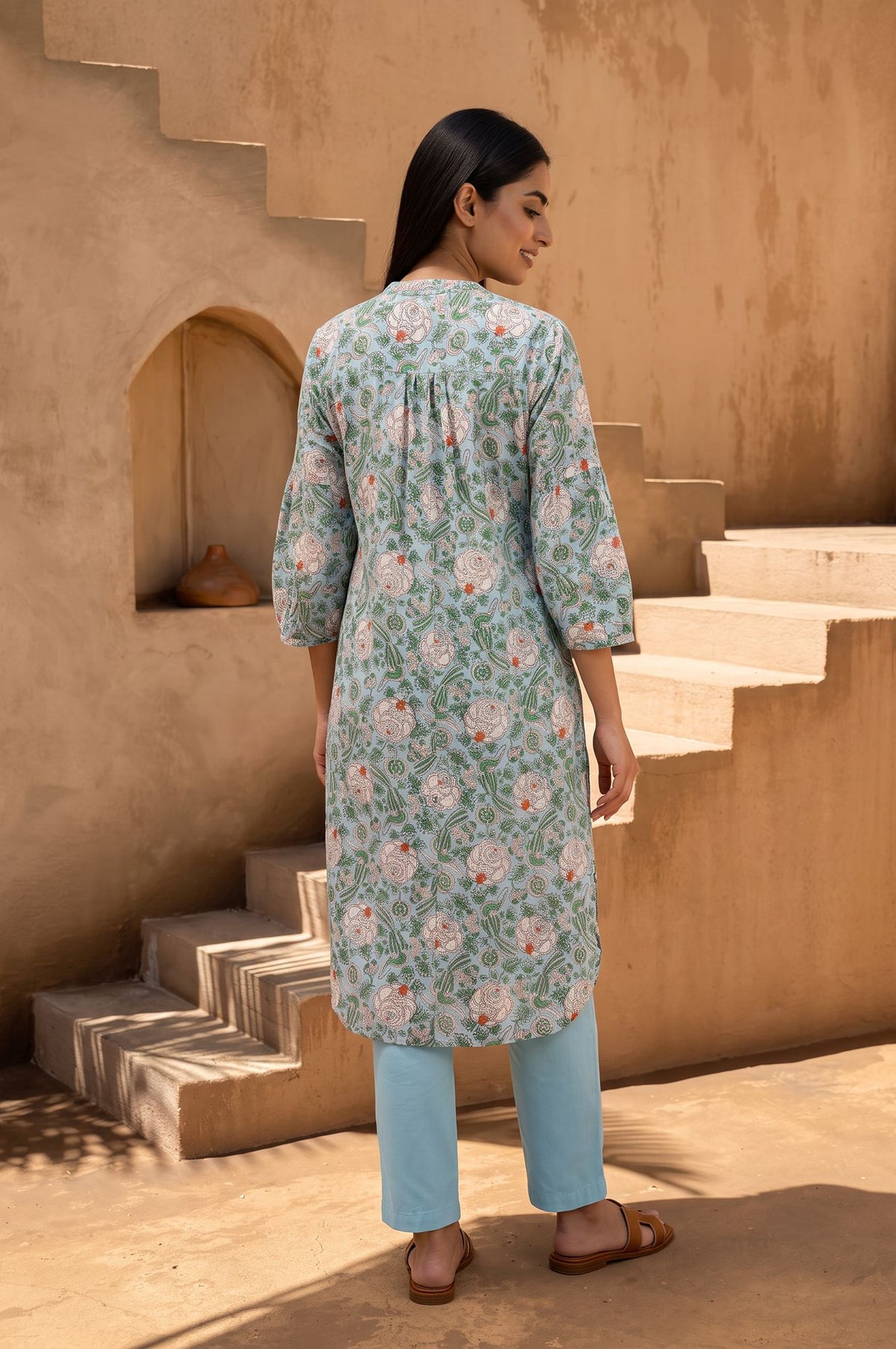 Blue Block Printed Pure Cotton Straight Kurta
