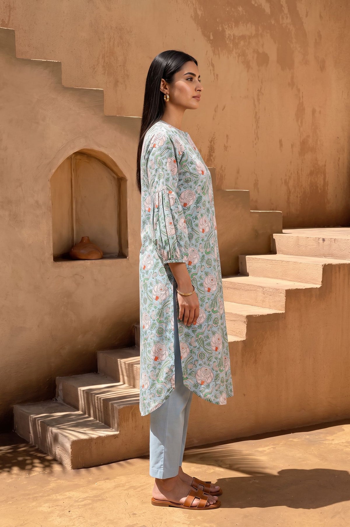Blue Block Printed Pure Cotton Straight Kurta