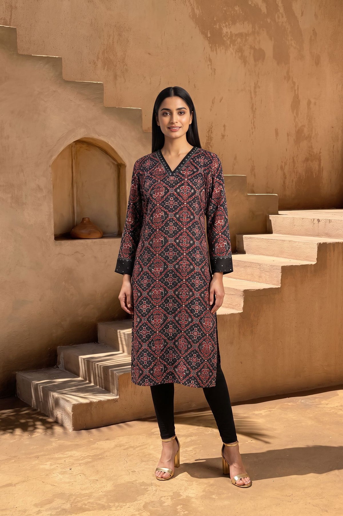 Black Ajrak Printed Sequins Modal Satin Straight Kurta