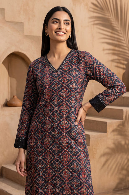 Black Ajrak Printed Sequins Modal Satin Straight Kurta