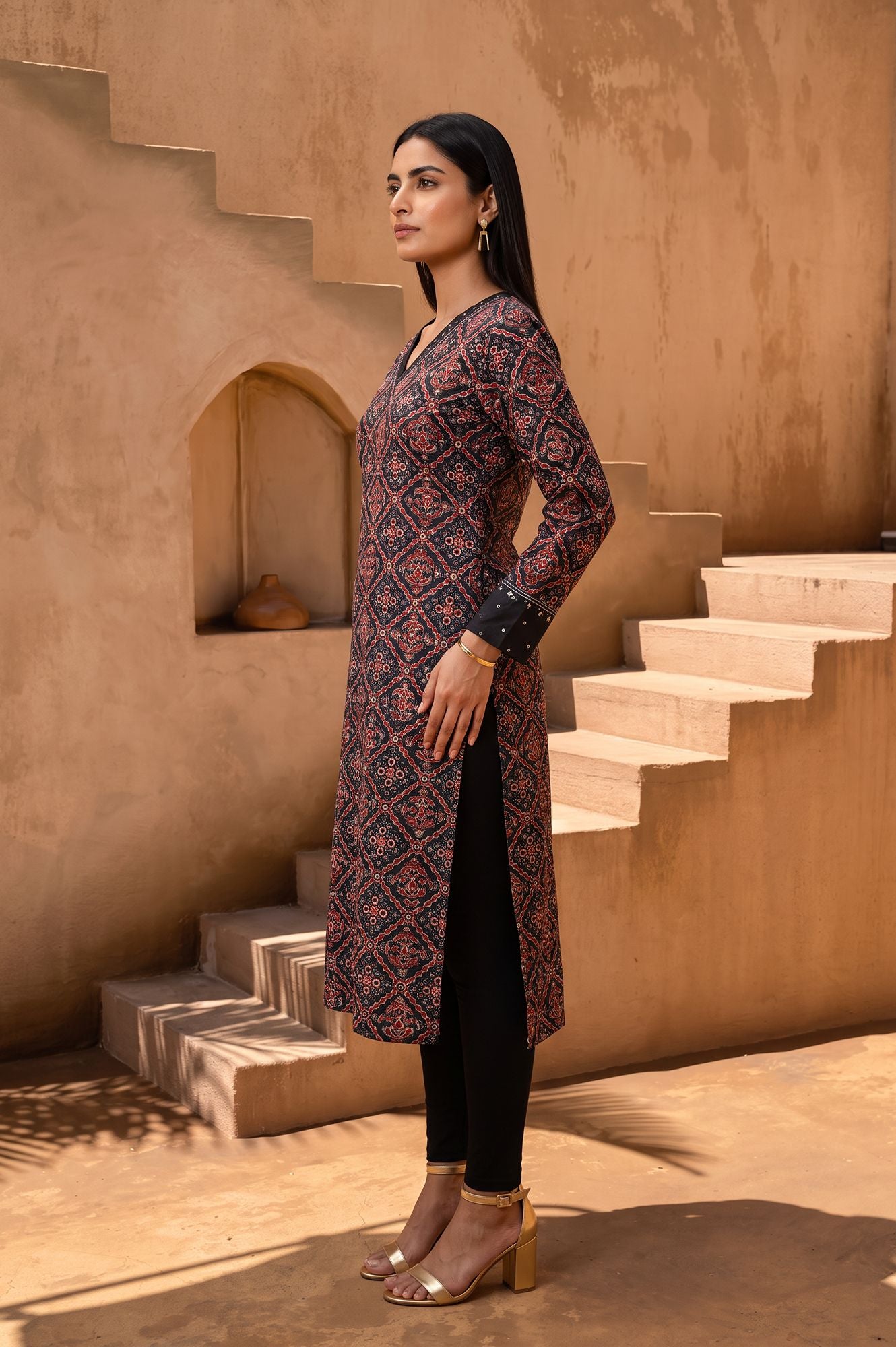 Black Ajrak Printed Sequins Modal Satin Straight Kurta