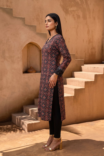 Black Ajrak Printed Sequins Modal Satin Straight Kurta