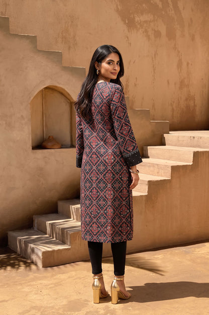 Black Ajrak Printed Sequins Modal Satin Straight Kurta