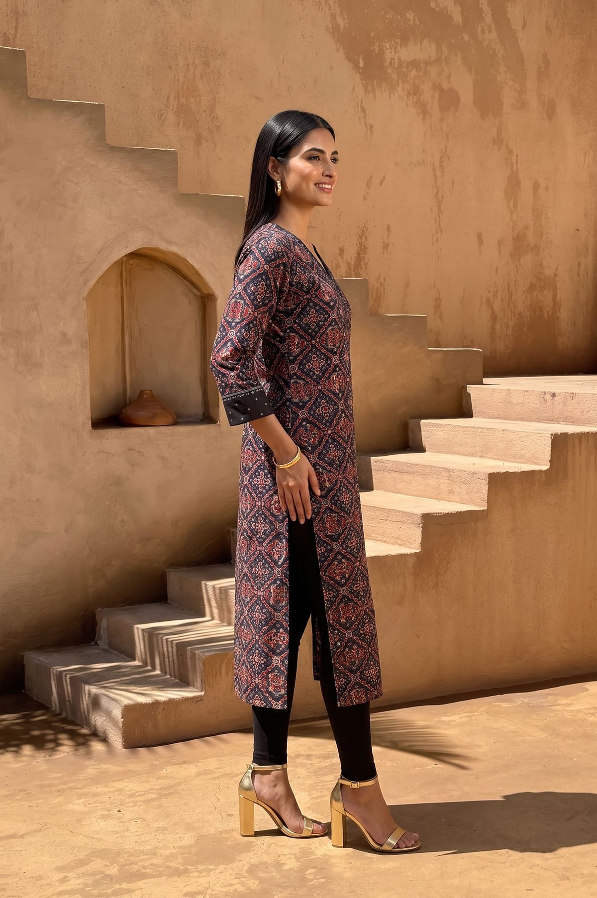 Black Ajrak Printed Sequins Modal Satin Straight Kurta