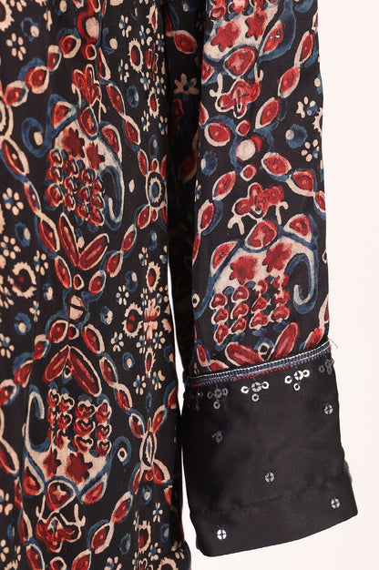 Black Ajrak Printed Sequins Modal Satin Straight Kurta