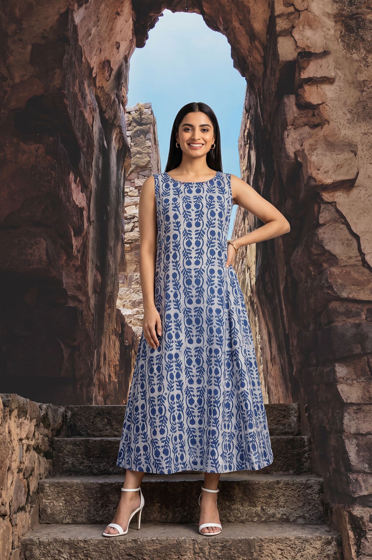 White Block Printed Sleeveless Pure Cotton Flared Dress