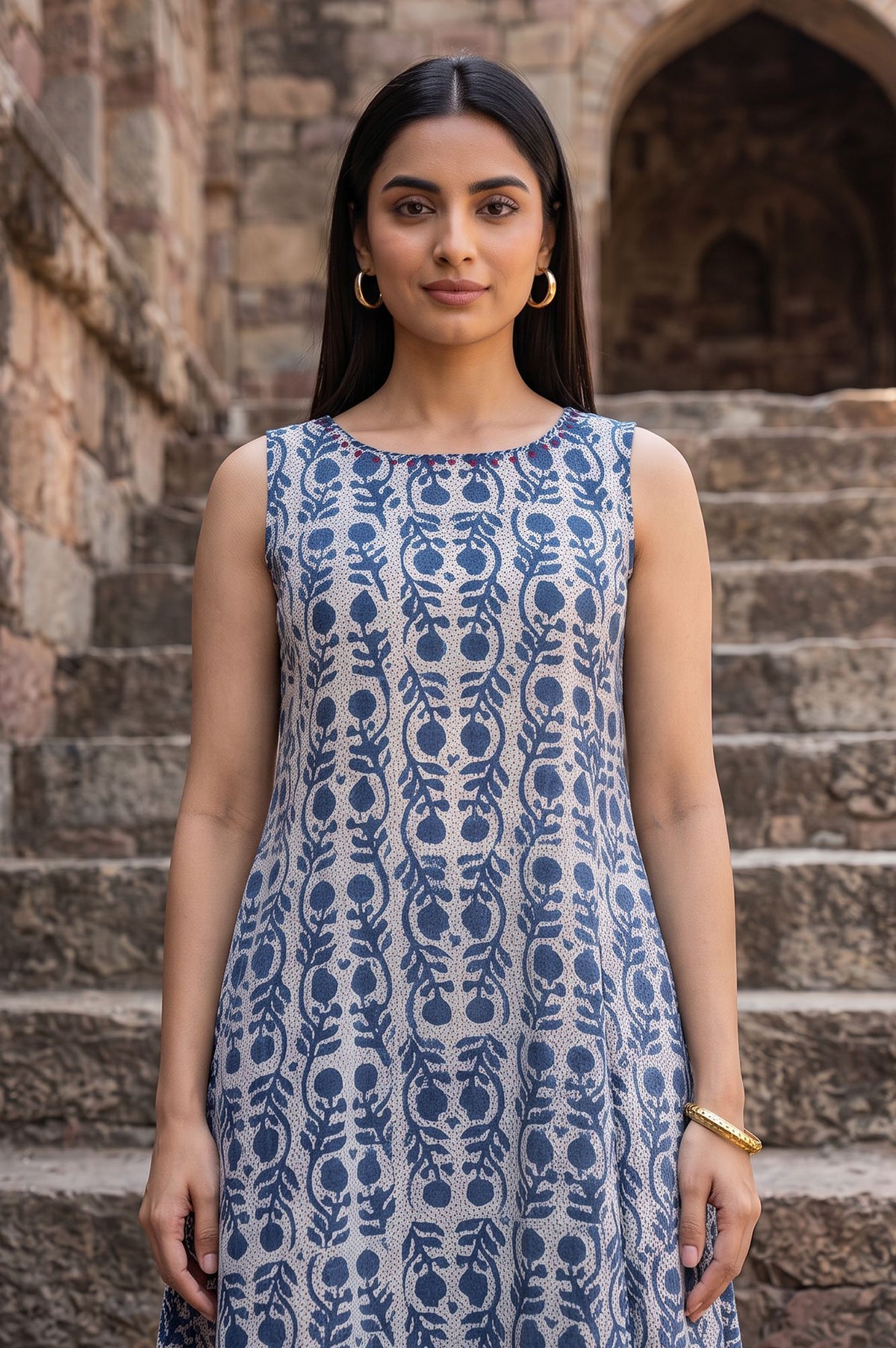 White Block Printed Sleeveless Pure Cotton Flared Dress